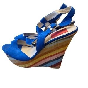 Y2K FRH Sz 7 Blue Faux Suede Multicolor Striped Wedge Platform Sandals Peep Toe